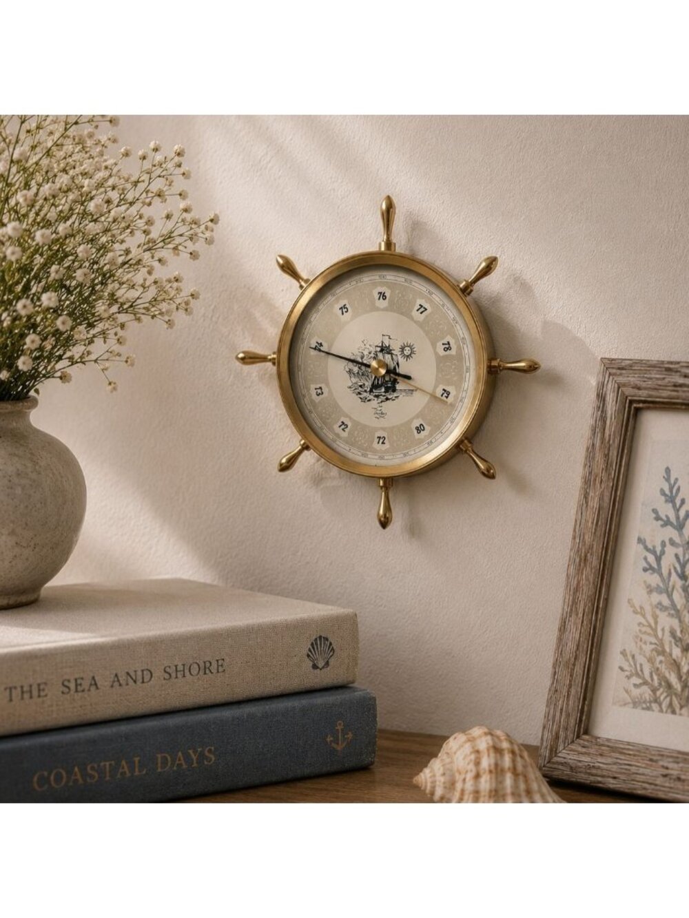 Nautical Gold Toned Ship Wheel Barometer Wall Mount Vintage